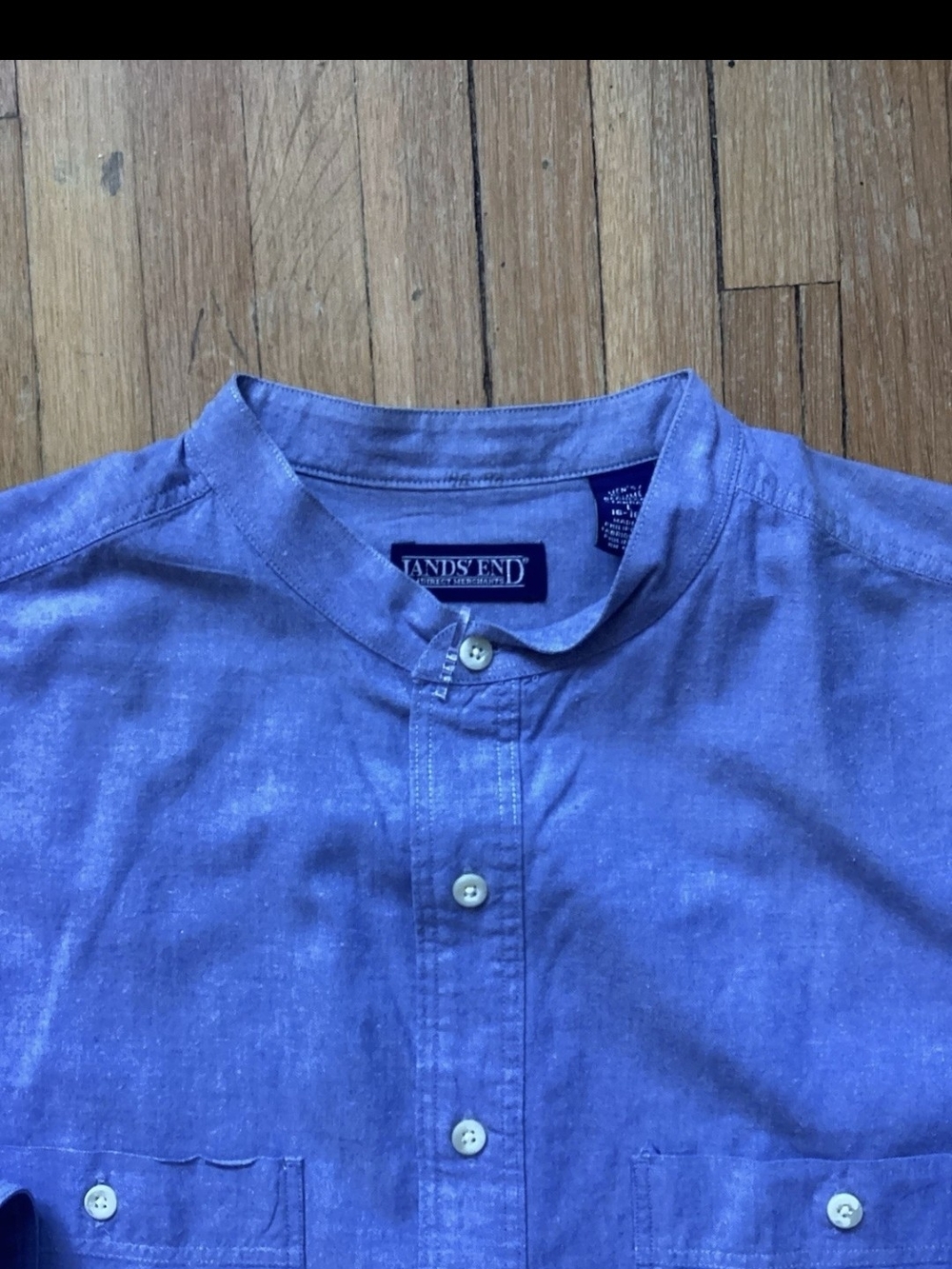 Land's End Men's Large Chambray Blue Casual Shirt,100% Cotton,Banded Collar